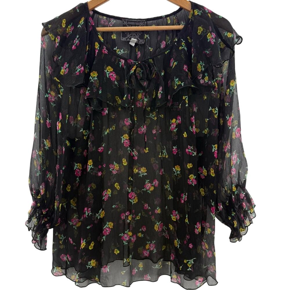 Johnny Was Jade Fernanda Silk Peasant Romantic Sheer Floral Ruffle Blouse Size L - Picture 2 of 14